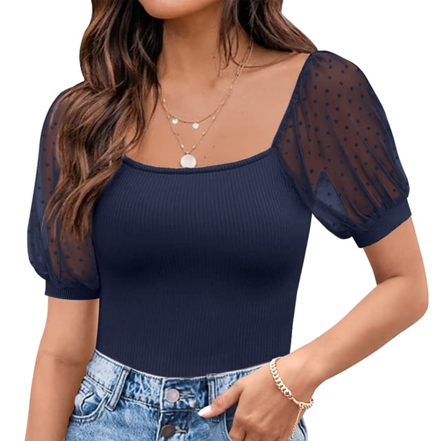 Top con cuello cuadrado para mujer, camiseta con manga de malla transparente y lunares, mono acanalado, camisas cortas, azul oscuro XL