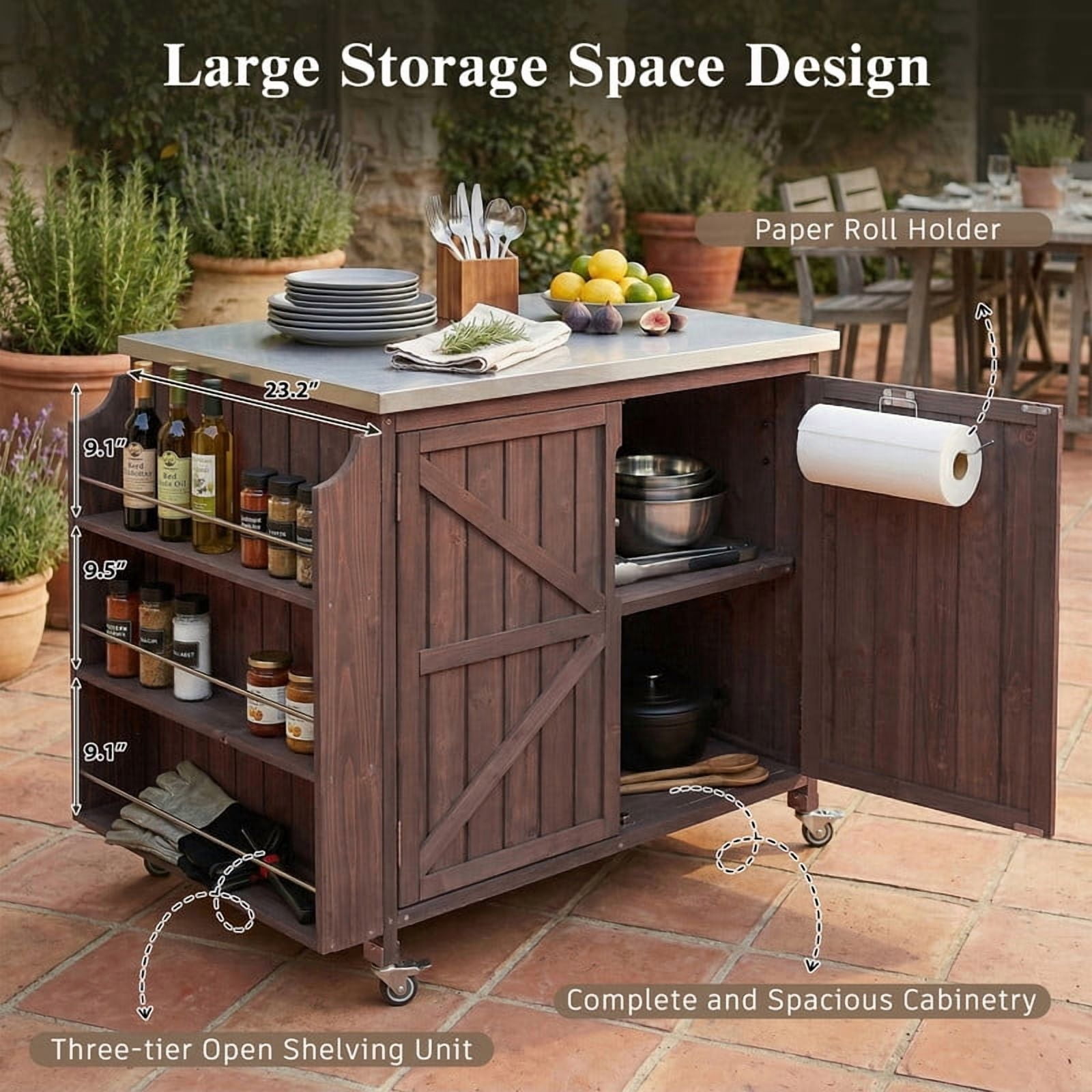 42" Outdoor Kitchen Island with Stainless Steel Top, Fir Wood Grill Cart Outdoor Storage Cabinet with Adjustable Shelf and 4 Wheels