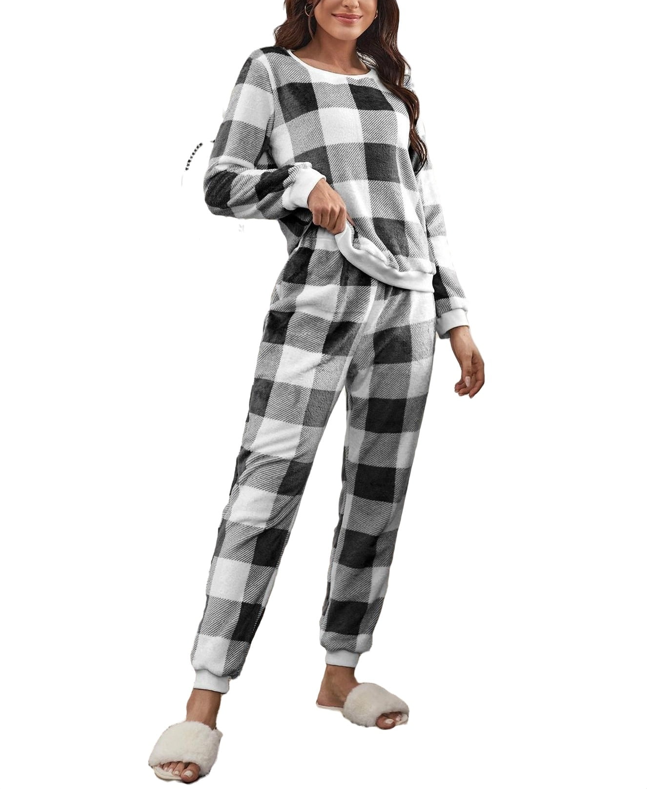 Casual Round Neck Pant Sets Long Sleeve Black and White Womens Pajama ...