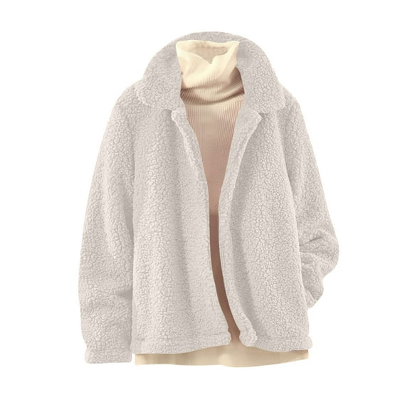 YUGYXL Fleece Jackets for Women Fashion Turndown Collar Long Sleeve Fuzzy Coats Casual Winter Warm Tops Open Front Jacket Khaki L