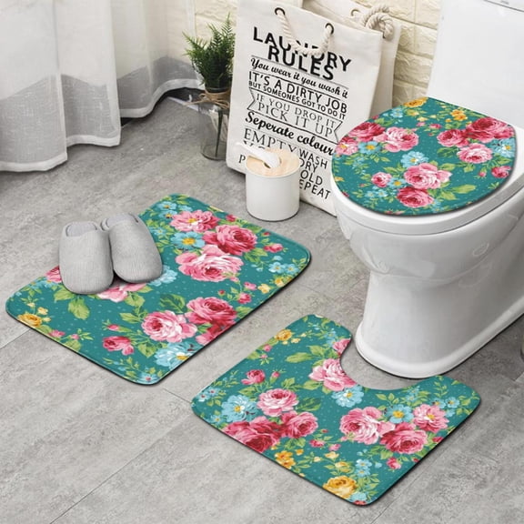 Pioneer Flower Floral Print Pattern Bathroom Rugs Sets 3 Piece,Toilet Cover Set,Absorbent Non Slip Bathroom Mats Sets with U-Shaped Contour Rug Toilet Rug Set