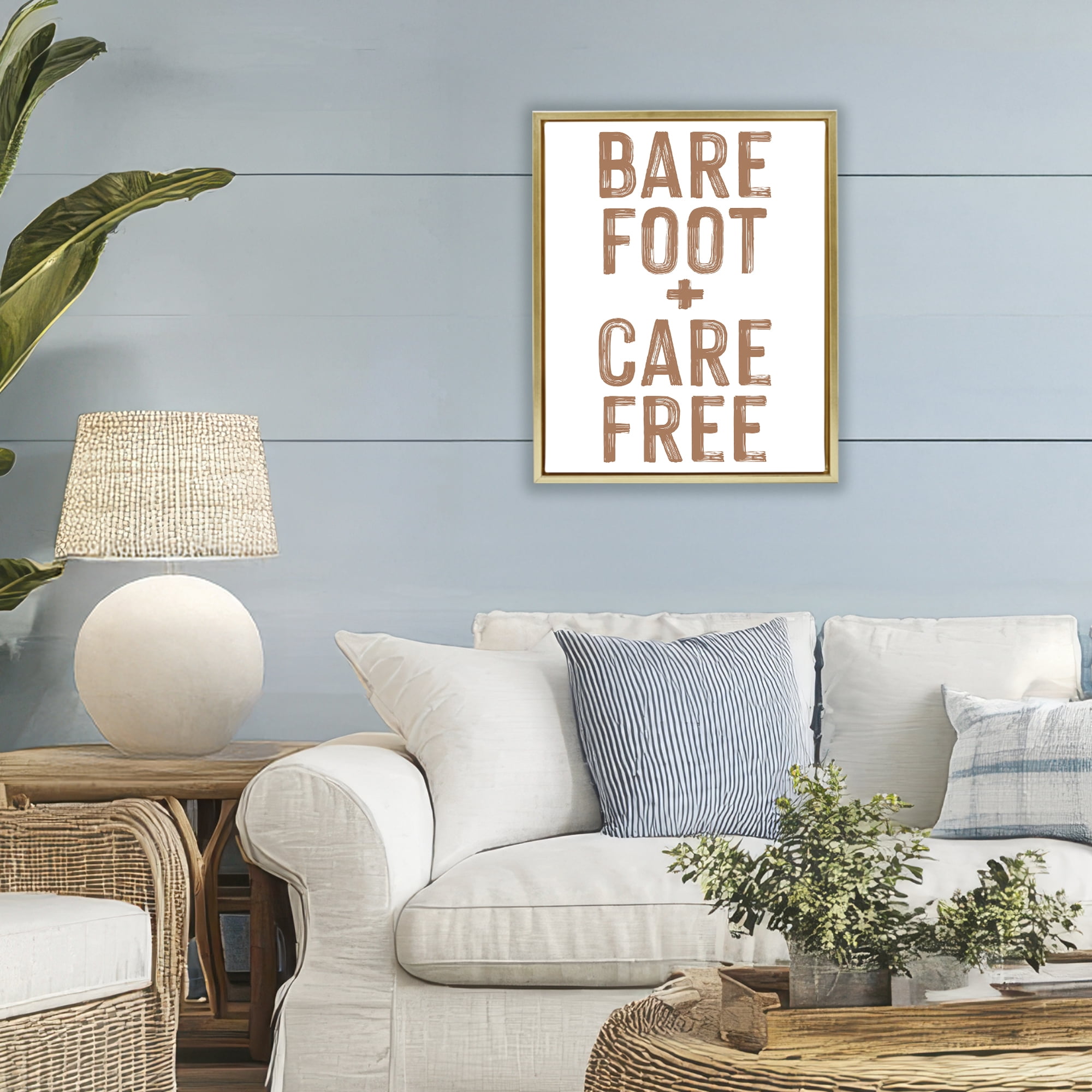 Barefoot Carefree Summer Sentiment Gold Framed Floater Canvas Wall Art, design by Lettered and Lined