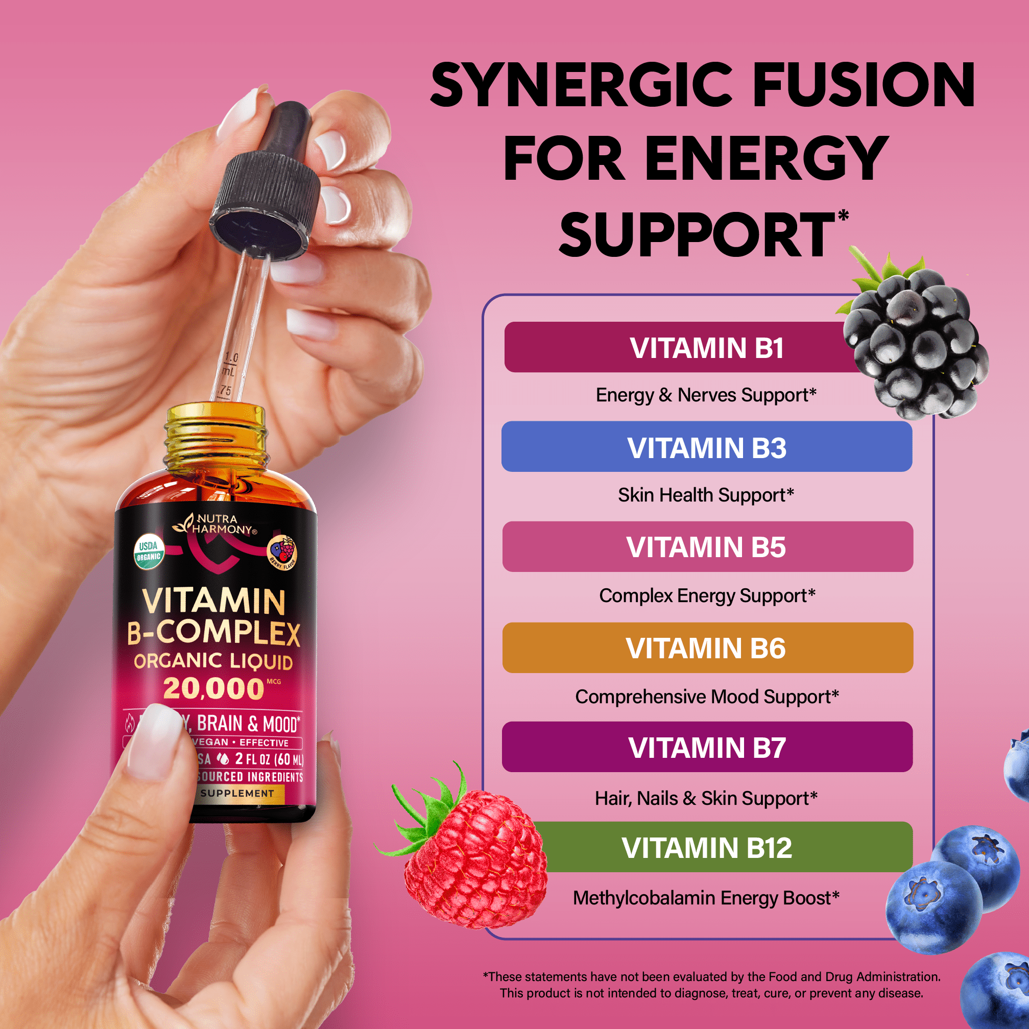 USDA Organic Vitamin B-Complex B5 Pantothenic Acid | B12 | B1 | B6 | B7 | B9 | B3 - B Complex Liquid Drops, Made in USA Supplement, 2fl oz