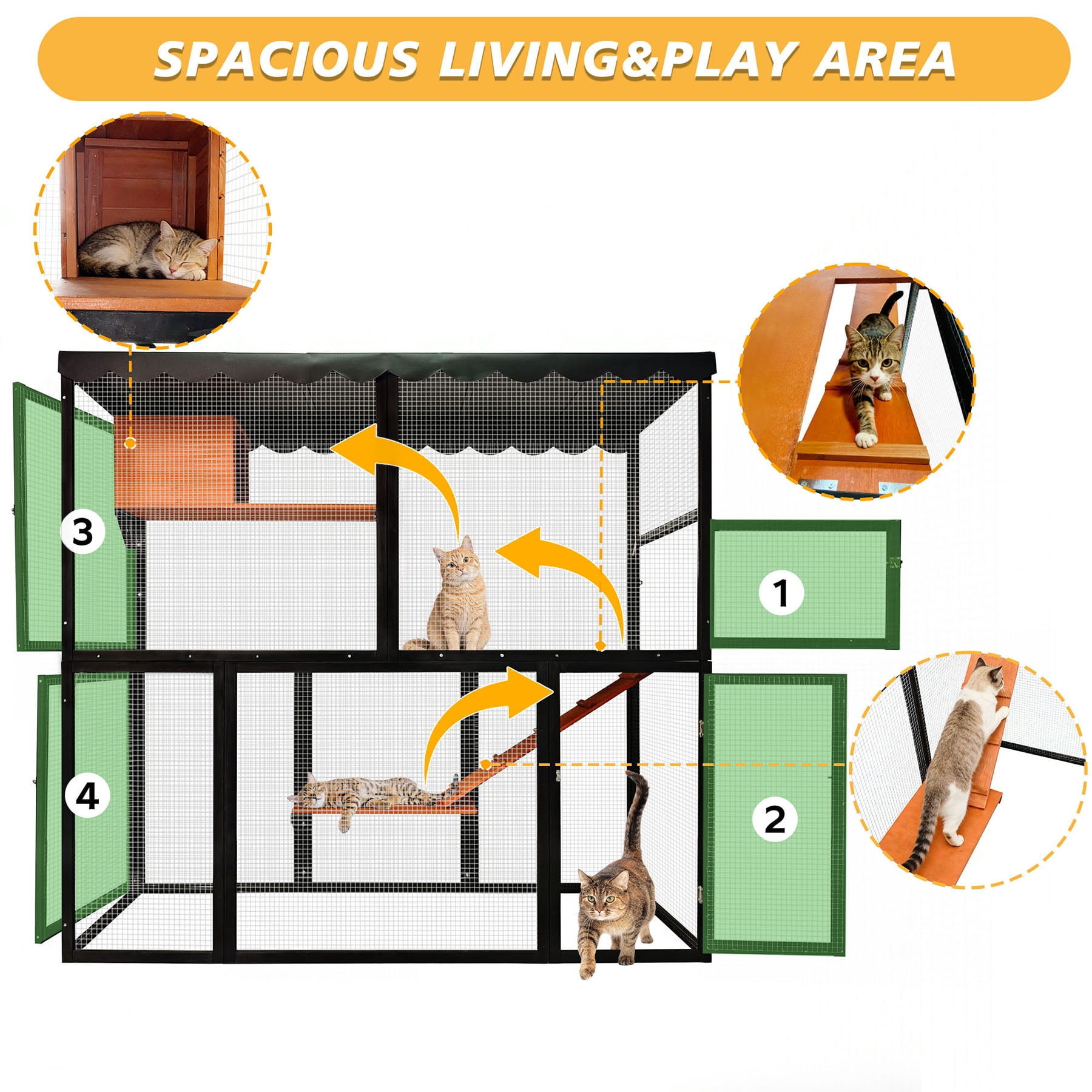 S-HOME Large Four-Tier Wooden Cat Enclosure in Black and Orange with Waterproof Cover and Ramp for Multiple Cats Indoor Outdoor Playhouse