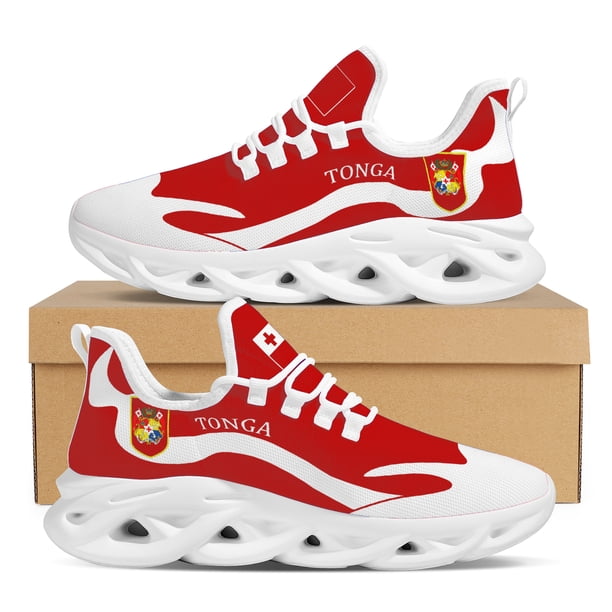 Zapatos deportivos para exteriores con suela gruesa y diseño de la bandera nacional de Tonga, color rojo y moderno.