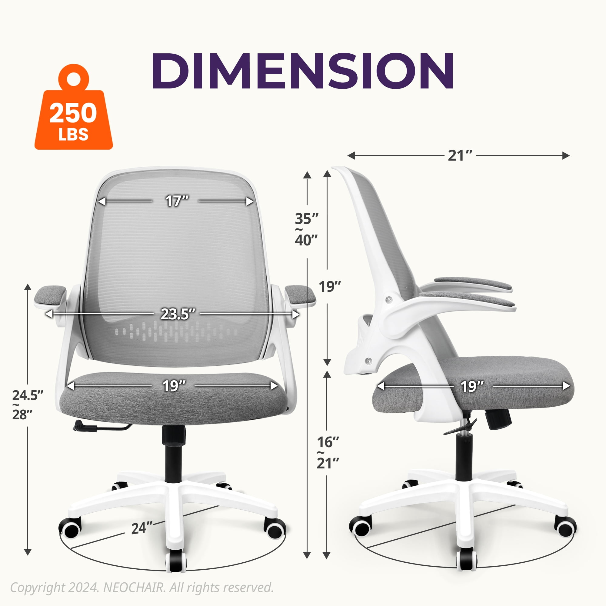 NEO CHAIR Office Chair, Flip-up Padded Armrests Desk Chair, Ergonomic Back Support, Gray