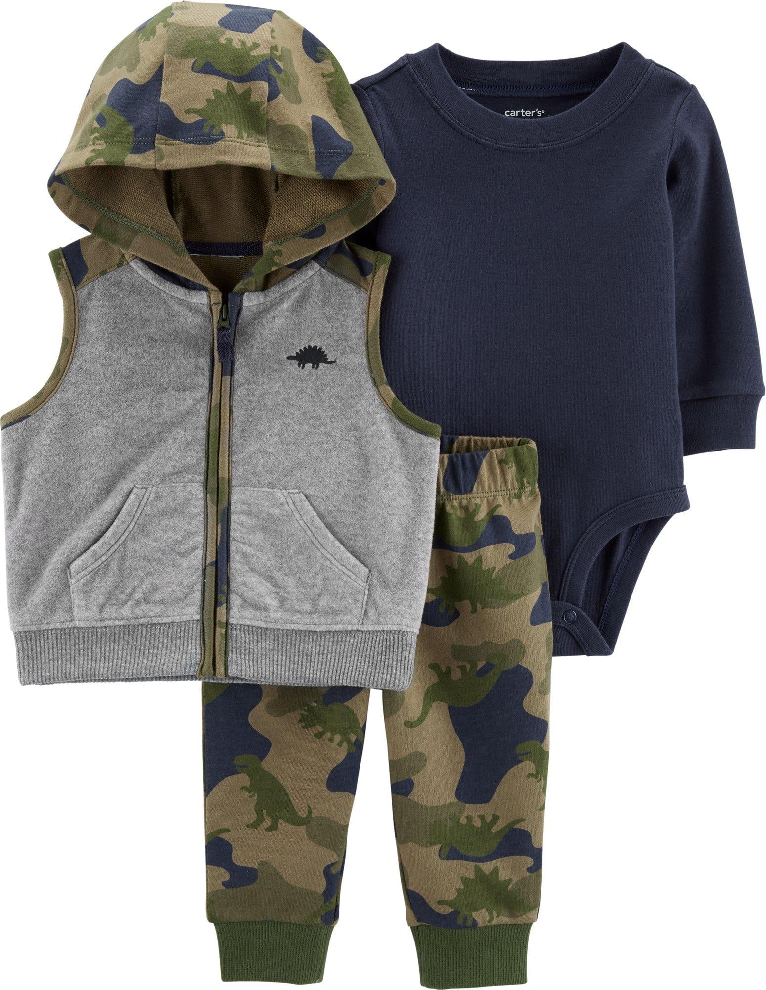 NEW Baby Boys 3 pc Outfit 3-6 Mos Bodysuit Pants Bib Set Blue Camouflage Hunt 