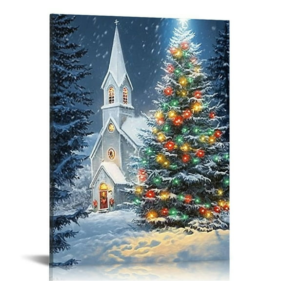 Fenyluxe Christmas Tree Church Snow Canvas Wall Art Decor Home Decoration Ready to Hang 16x20in