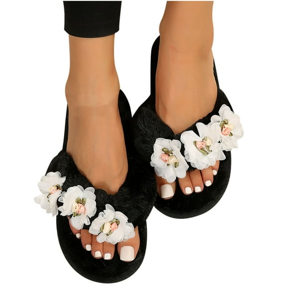 Pisexur Women's Plush House Slippers Flower Print Flip Flop Slippers Memory Foam Slip on Thong Slipper, Breathable Cozy Open Toe House Shoes, Anti-Skid Rubber Sole Sandal Indoor Outdoor