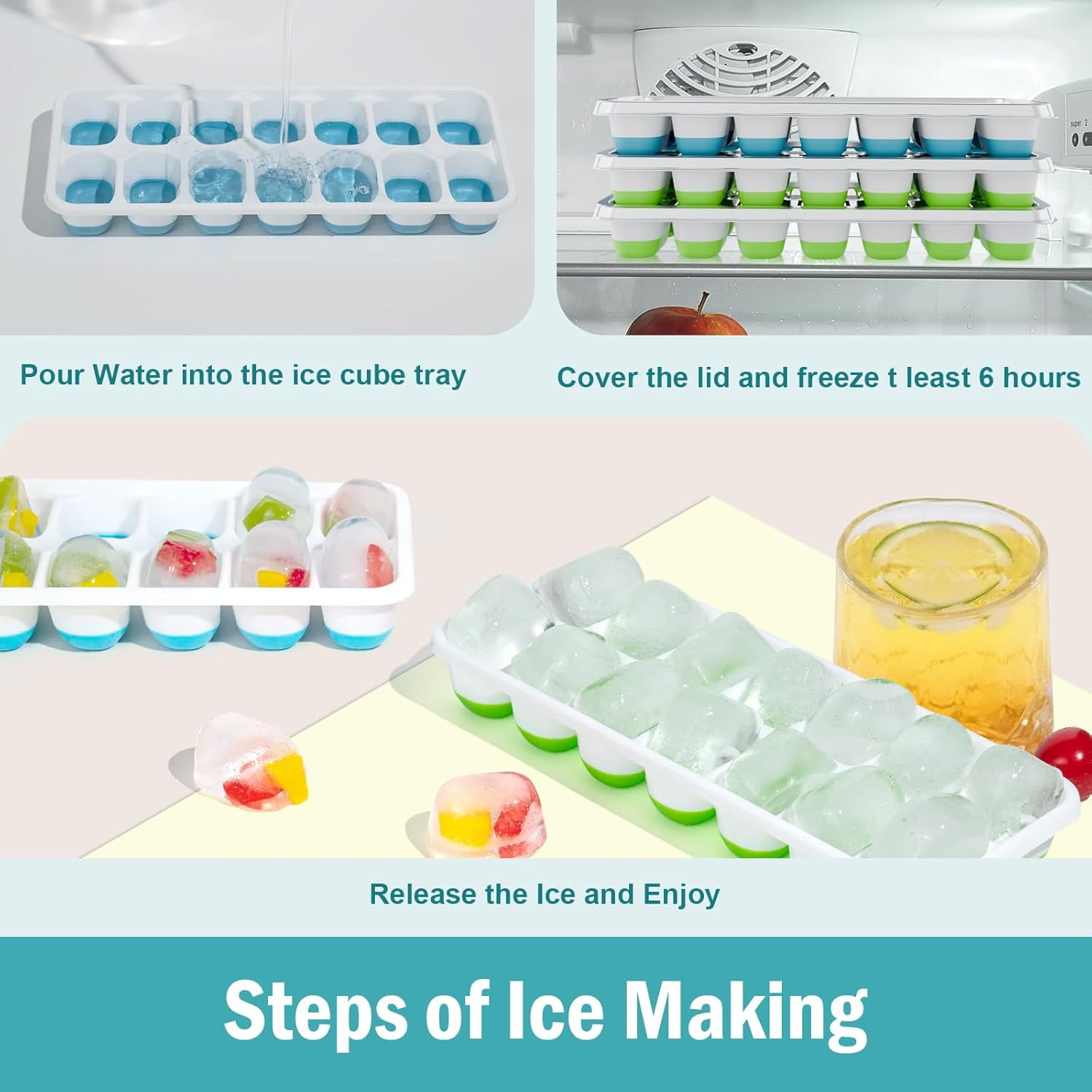 Ice Cube Trays for Freezer Ice tray - Easy to Release Silicone Ice Trays with Spill-Resistant Lids, Reusable Ice Cubes,Stackable and BPA-Free, Perfect for Cocktails, Baby Food, and Iced Coffee