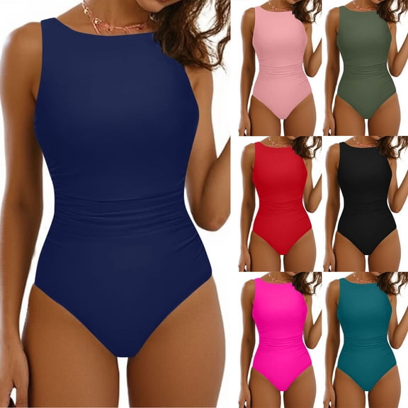 Favoffer Womens One Piece Swimsuits Round Neck Solid Color Sleeveless Backless Padded Bikini Romper Casual Swim Tops for Beach Pool Vacation Seaside Party