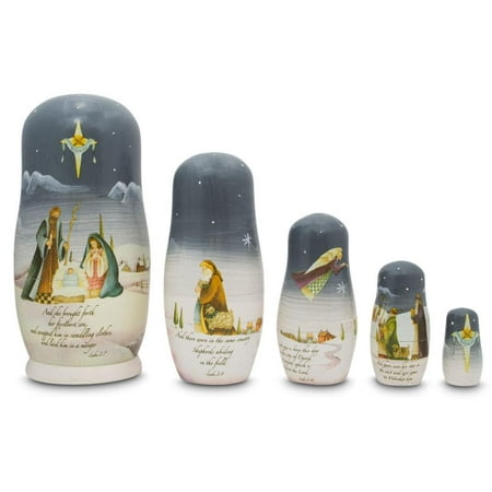 Nativity Scene Set with Bible Verses Wooden Nesting Dolls