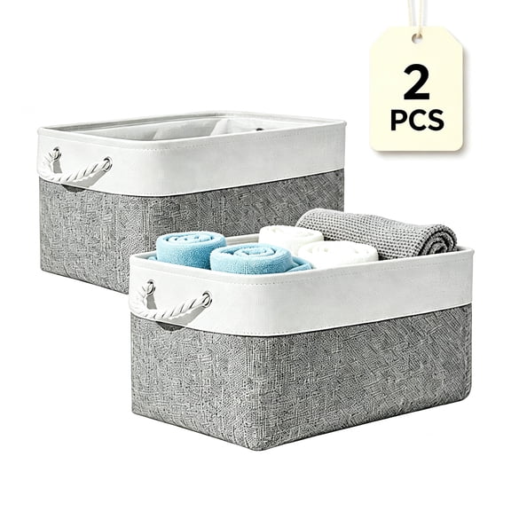 Tripumer 2pack Collapsible Fabric Storage Bins with Cotton Rope Handles, 15L Household Organizer for Bedroom, Living Room & Closet, Clothing Toy Storage, White & Gray