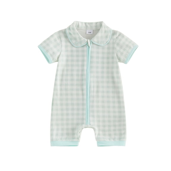 BemeyourBBs Newborn Baby Boy Girl Summer Clothes 0 3 6 Months Plaid Romper One Piece Outfit Short Sleeve Turn-down Collar Zipper Jumpsuits Shorts