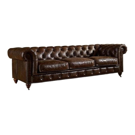 Pemberly Row Top Grain Leather Chesterfield 95" Leather Sofa in Brown Finish