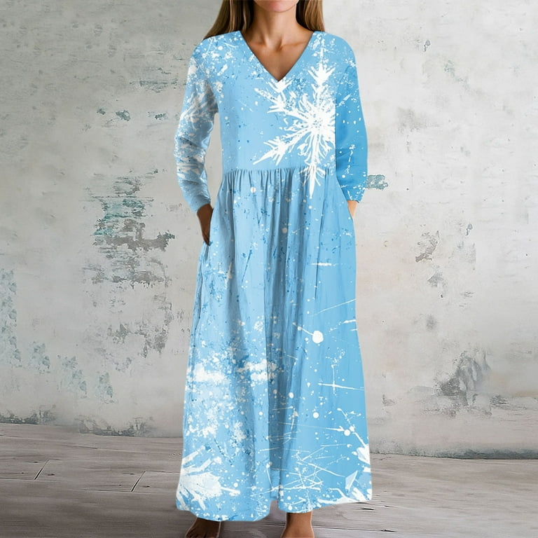 light blue christmas dress women Christmas Dresses for Women Women's Fashion Dress Spring V-neck Long Sleeve Dress with Christmas Print for Holiday Party,Light Blue,M