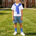 thumbnail image 5 of Boys 4 Pieces Back To School Outfit Round Neck Solid Short Sleeve Tee and Pockets Denim Shorts and Shawl and Knee High Socks Performance Outfits Casual Clothes Set 3-16 Years, 5 of 9