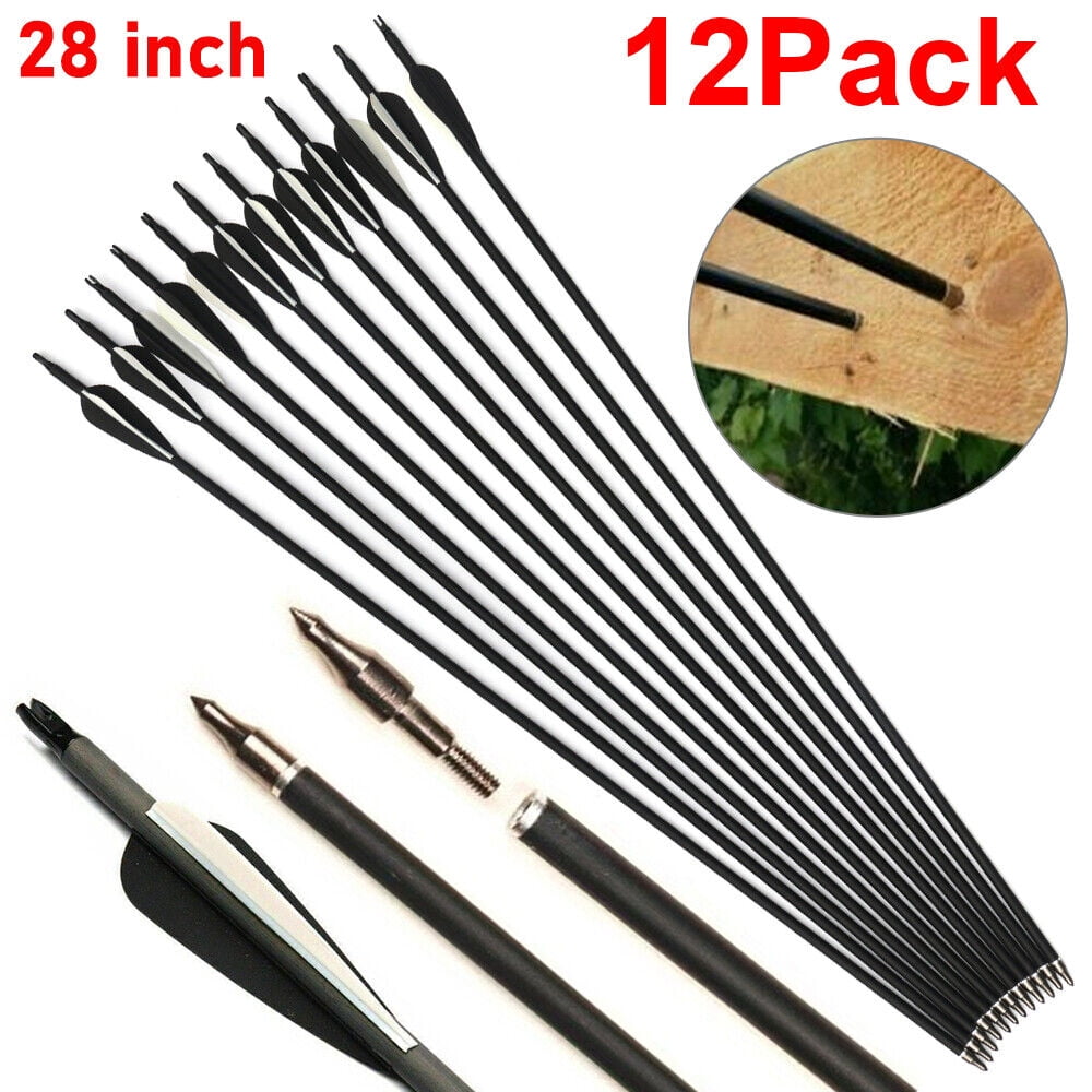 12-Pack Carbon Arrows For Compound & Recurve Bows - 28/29/30 Inch, 300/340/400 Spine, 100 Grain Points, Practice & Hunting