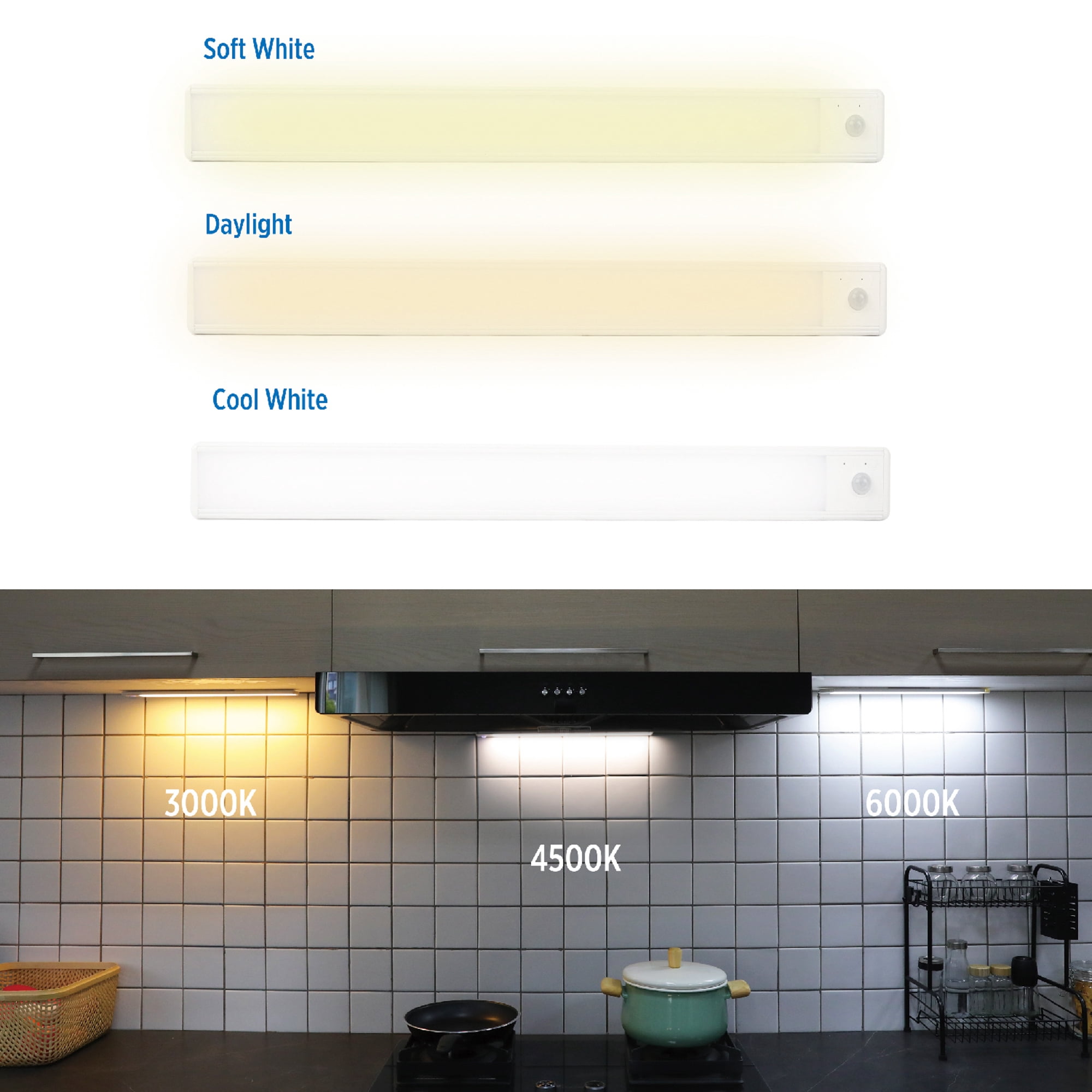 Great Value 16" 150 Lumens Rechargeable LED Cabinet Light, Warm White/Cool White/Deluxe Daylight, 2 Count