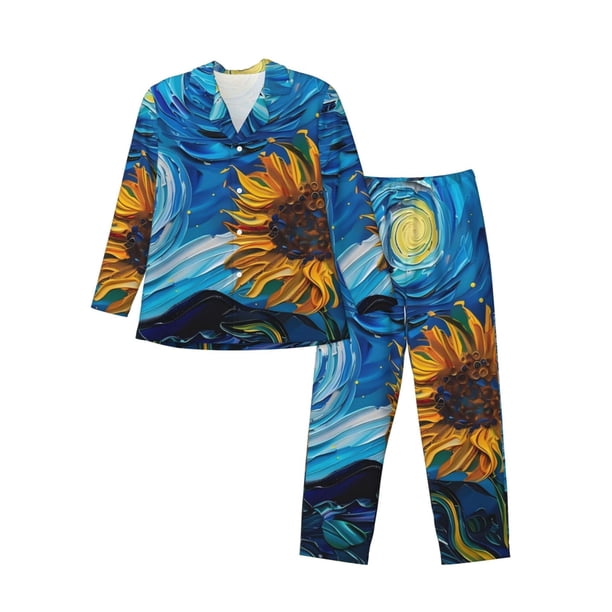 Balery Starry Night Sunflower Field Pijama para Hombre de Dos Piezas con Manga Larga, Conjunto de Dormir y Descanso Suave con Bolsillos-Medium