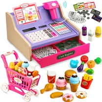 VROGTIK Wooden Toy Cash Register with Scanner Realistic for Kids, Pretend Play & Rich Accessories, Role-Play Gift for Boys Girls Age 4-8 (Purple)