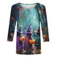 thumbnail image 4 of Kilaqueen Cute Funny Halloween Shirts for Women Plus Size 3/4 Length Sleeve Crew Neck Womens Tops Vintage Festival Witch Graphic Tunic Tops, 4 of 5
