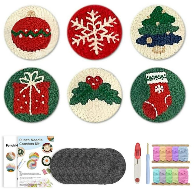 Christmas Punch Needle Coaster Kit -6Pcs Stitching Kit for Adults Beginners, DIY Embroidery Kit for Gifts, Party, Home Decors