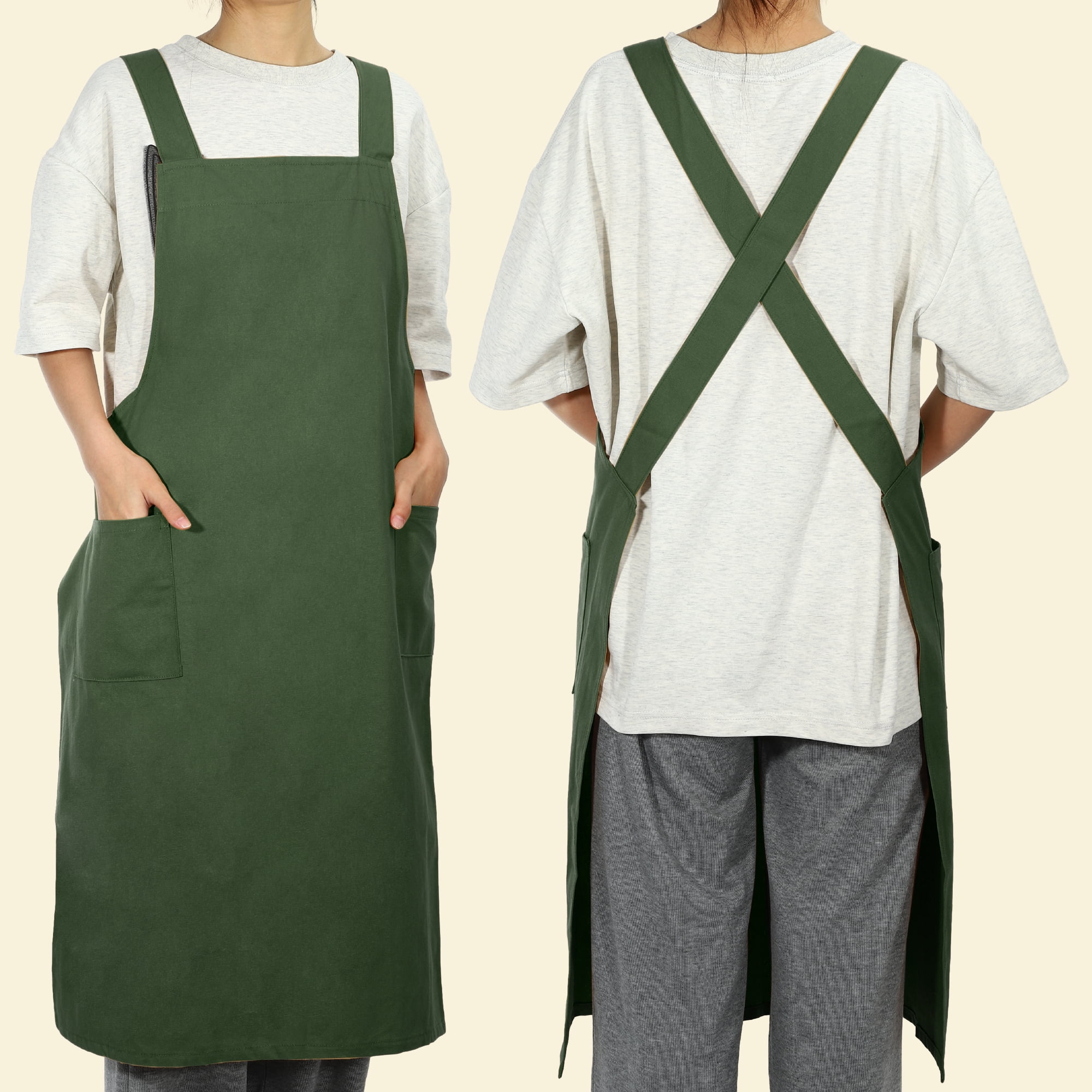 Unique Bargains Cotton Linen Apron Cross Back Apron with Pockets Dark Green