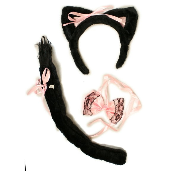 Sexy Plush Kitty Ears Tail Bowtie Black Cat Halloween Costume Instant Kit