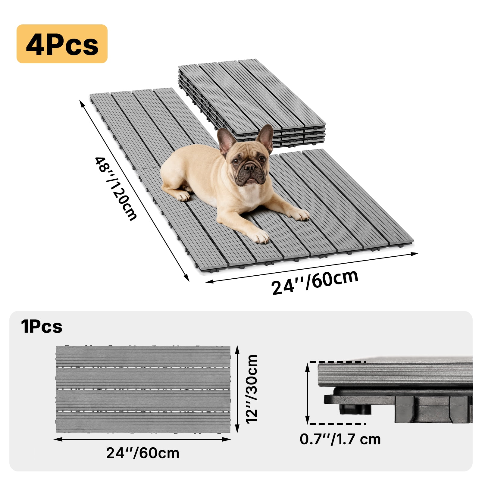 Veehoo Outdoor Flooring Decking for Dog Kennels, 4' x 2' Waterproof Dog Training Platform, Portable Deck for RV, Pet Enclosures,Grey (24 x 12 inches, 4PCS)