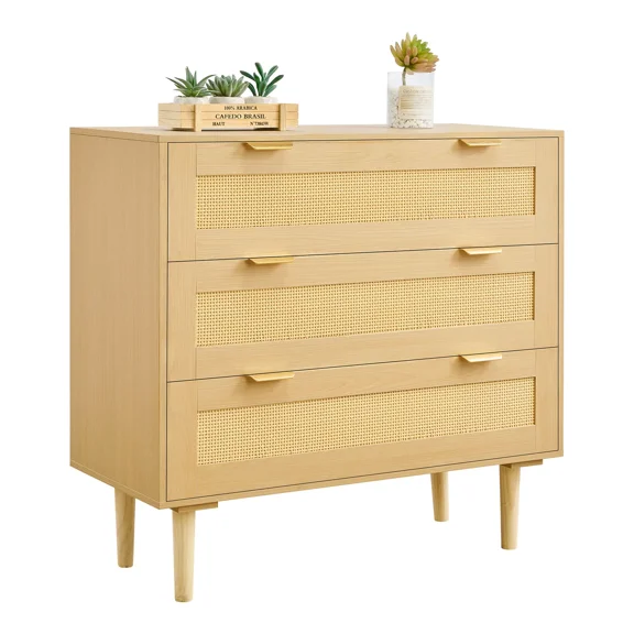 Modern 3 Drawer Rattan Dresser with Metal Handles & Wooden Legs - Chic Closet Storage Organizer for Bedroom, Living Room & Hallway
