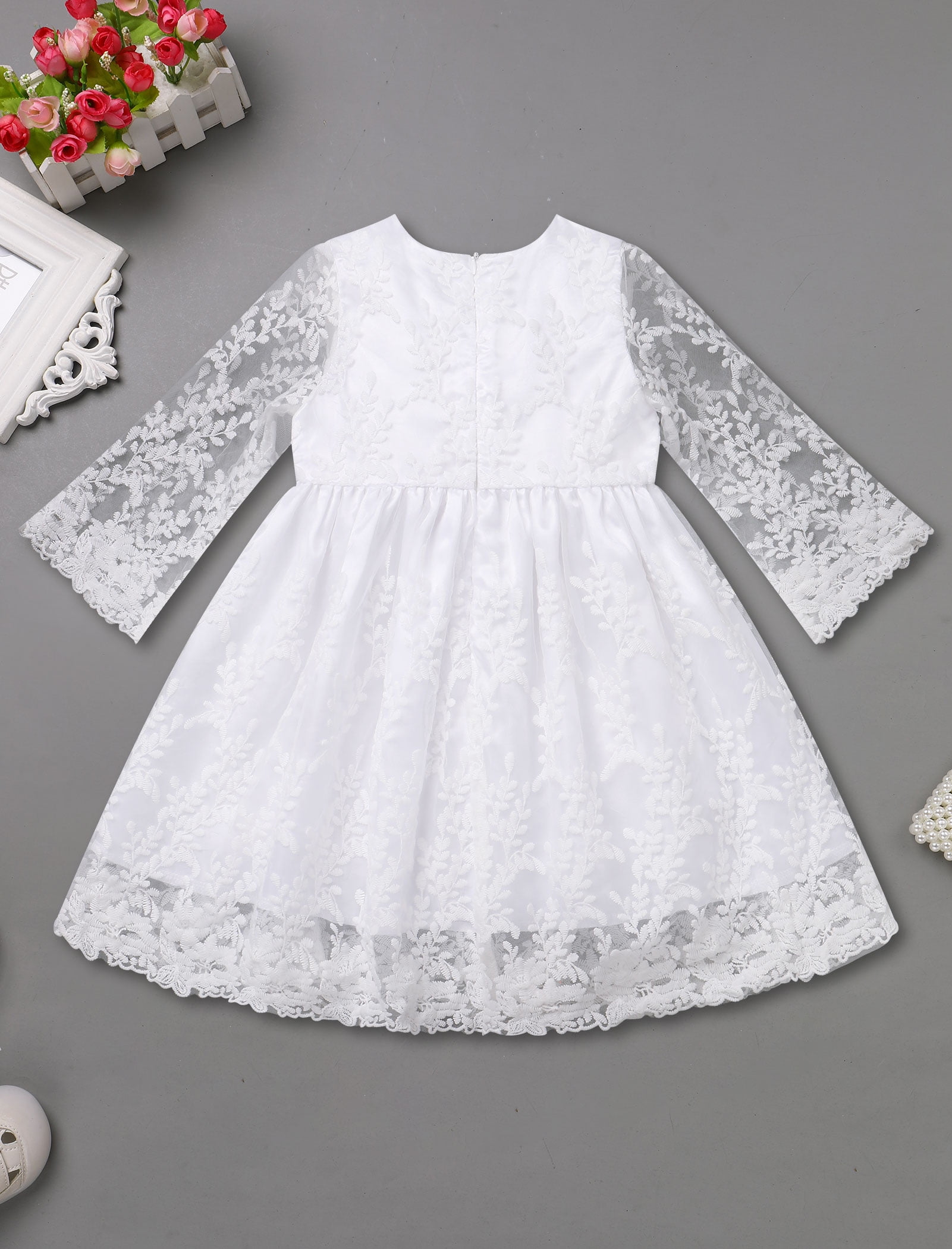 FYMNSI Baby Christening Dress White Baptism Gowns for Girl Infant Lace Long Sleeve Tulle Outfits 9-12 Months