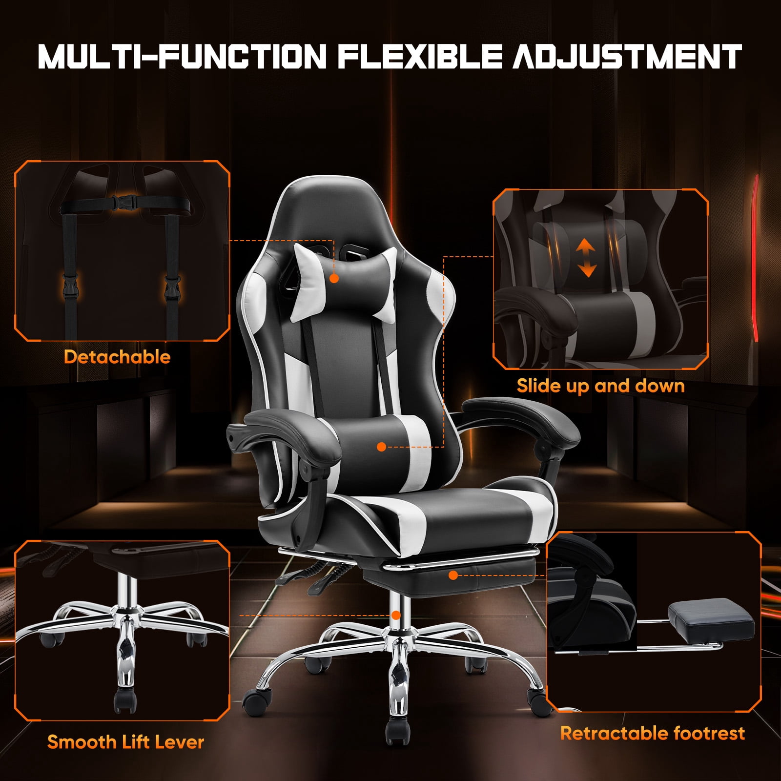 Gaming Chair, Ergonomic Computer Chair with Footrest, Lumbar Support, Headrest, Comfy Seating with thicken cushion, Black