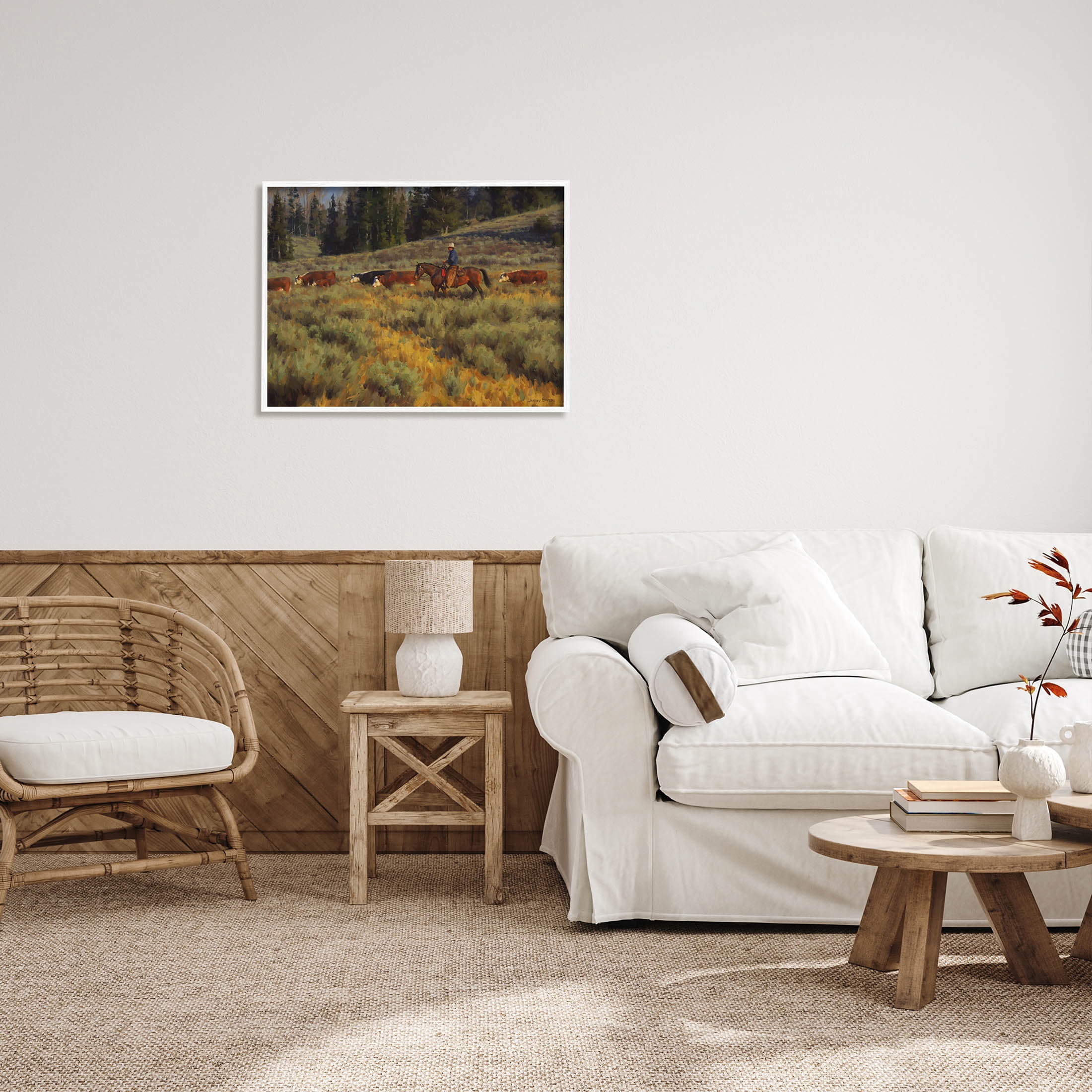 Cowboy Leading Cattle Meadow Animals & Insects Painting White Framed Art Print Wall Art