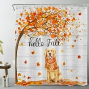 HVEST Hello Fall Shower Curtain for Bathroom,Farm Animal Dog and Falling Maple Leaf on Rustic Gray Wood Fabric Shower Curtain with Hooks,Vintage Farmhouse Bathroom Curtain Shower Set, 69x70 inches