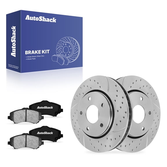 AutoShack Front Vented Drilled & Slotted Silver Zinc Coated Brake Rotors   Ceramic Pads 6-PC Brake Kit Replacement for 2008-2016 Dodge Grand Caravan 2012-2015 Ram C/V SilverShield Pro 11.89" (302 mm)