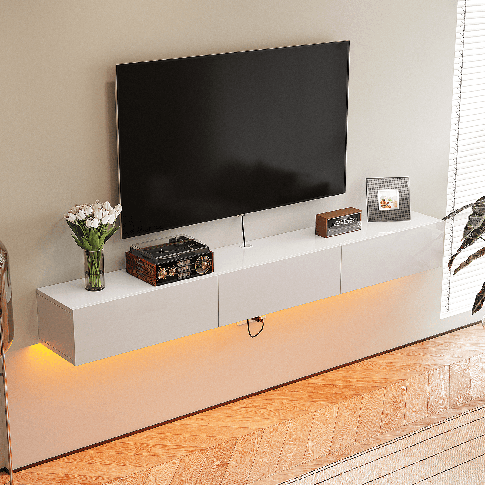 FloatiCasa 55" High Gloss Floating TV Stand Wall-Mounted Floating TV Console with 3 Doors for TVs up to 60"