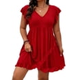 thumbnail image 2 of ClodeEU Women's V Neck Ruffle Short Sleeve Mini Dress, Casual Flowy A Line Beach Sundress Wine,Women's Plus L, 2 of 6