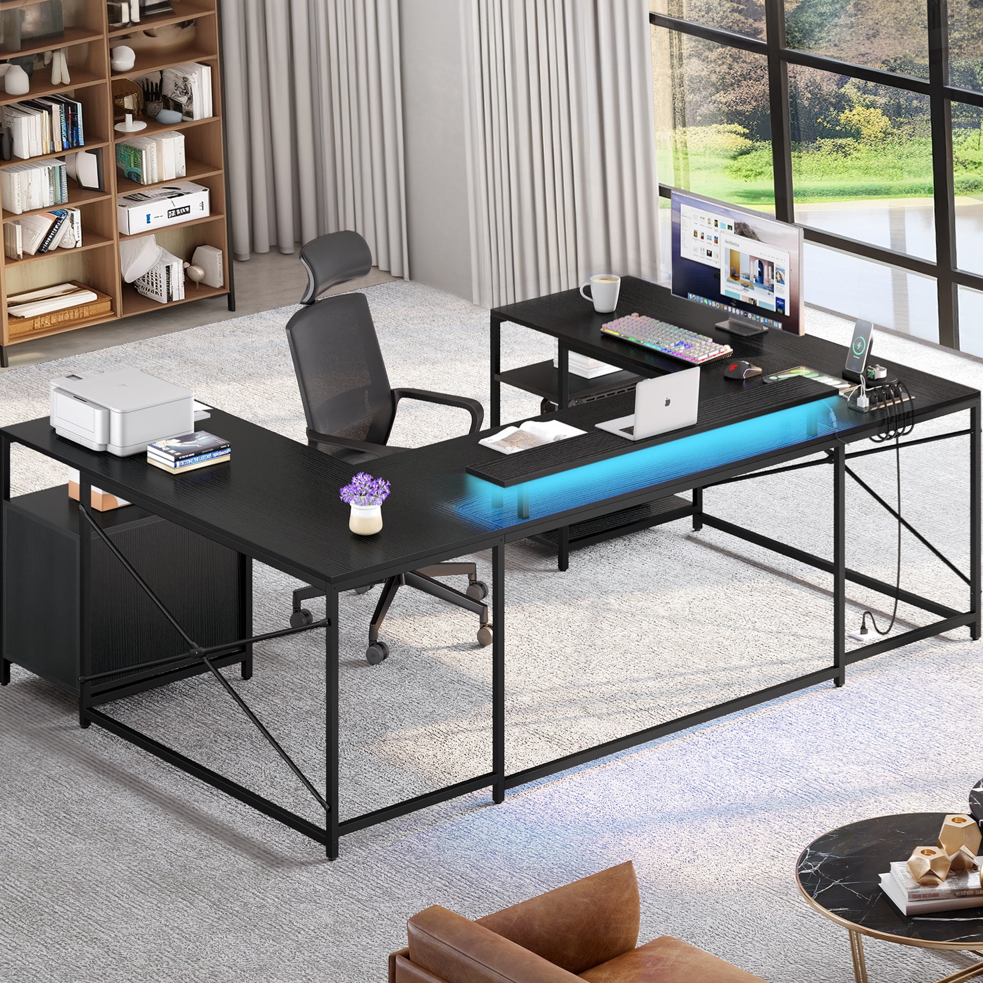 Dextrus L Shaped Desk with Power Outlets & LED Lights, Reversible Computer Desk with Drawers & Storage Shelves, Large U Shaped Desk, Black