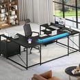 thumbnail image 3 of Dextrus L Shaped Desk with Power Outlets & LED Lights, Reversible Computer Desk with Drawers & Storage Shelves, Large U Shaped Desk, Black, 3 of 12