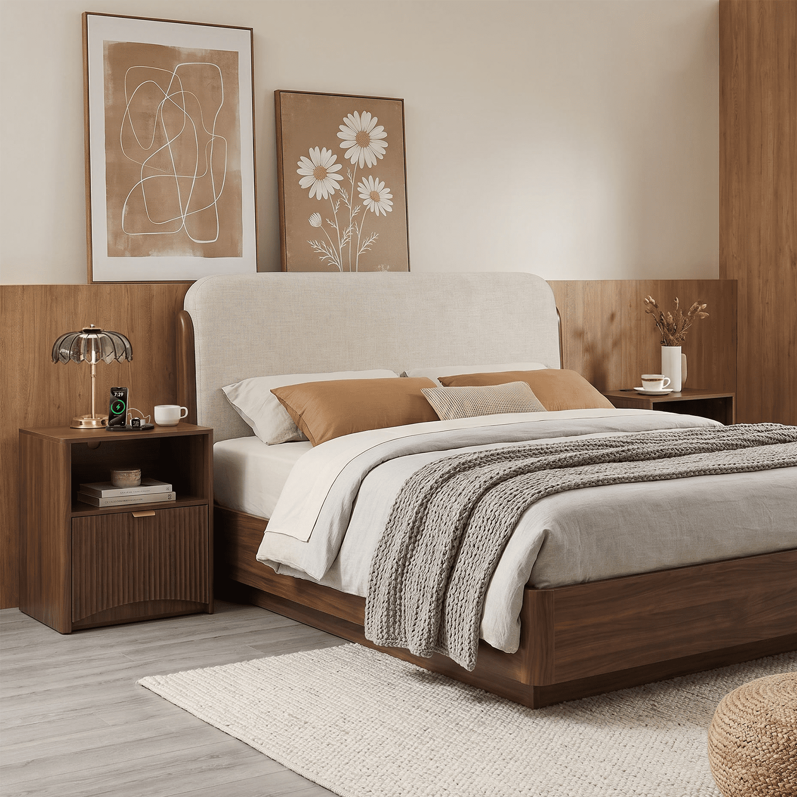 Nightstands Set of 2, Mid Century Modern Bedside Table with Charging Station, Fluted Nightstand with Drawer and Storage, Wood Large Night Stand for Bedroom, Sofa Side, Walnut