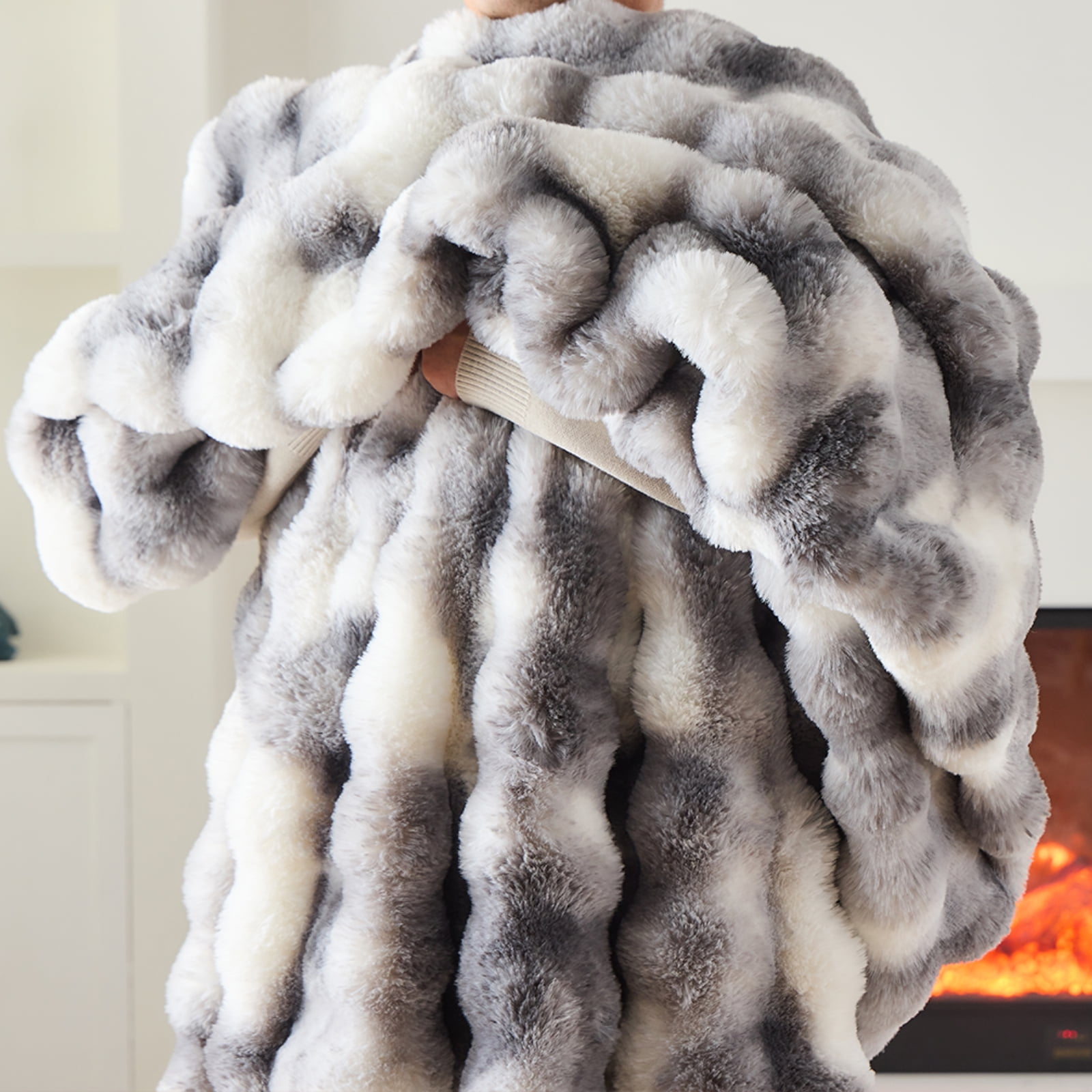 GEMBED Faux Fur Throw Blanket for Couch Fuzzy Soft Plush Thick Bubble Blanket for Living Room, 50x60 inches, Tie Dye Gray