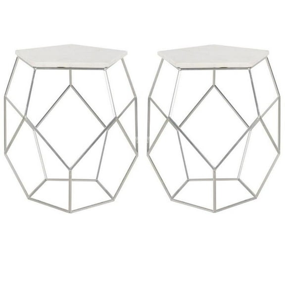 Home Square Abella Marble Top Accent End Table in Silver - Set of 2