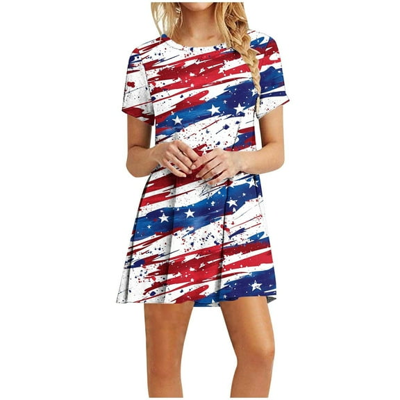 Fmbrln Womens 4th of July Dress Fashion Short Sleeve Crew Neck Independence Day Print Mini Dress Causal Loose Beach Sundress Patriotic Dress