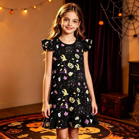 Angala Nightgown Holiday Dress For Girls Flutter Sleeve Crew Neck Pumpkin Print Girls Halloween Dresses