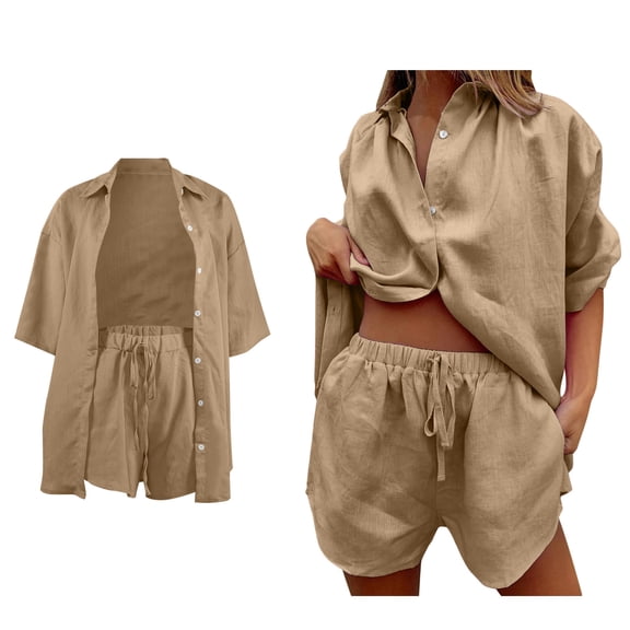Short Sets for Women 2 Piece Outfit Button Down Shirt Casual Loose Shorts Womens Summer Clothes Women Matching Sets Outfits