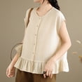 thumbnail image 5 of FRSASU Womens Ruffle Hem Shirts Short Sleeve Peplum Cardigans Crew Neck Button Cotton Linen Tops Beige, 5 of 9