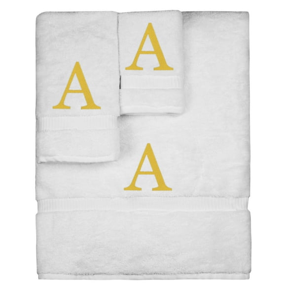 Monogrammed Towel Set, Personalized Gift, Set of 3- Gold Block Letter Embroidered Towel - Extra Absorbent 100% Turkish Cotton - Soft Terry Finish - Initial A White