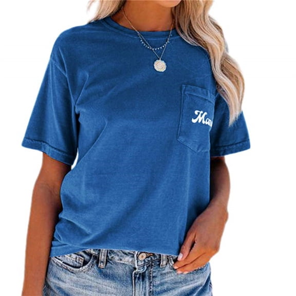 MAMA Print Women Short Sleeved Summer T-shirt Crew Neck Casual Tops with Pocket