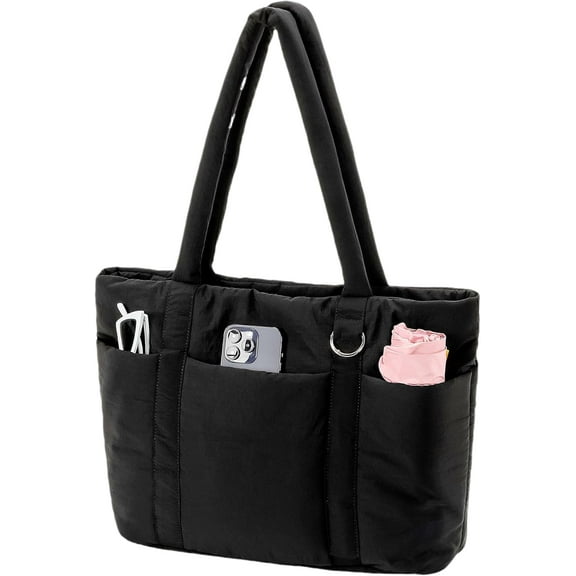 Women's Multi-Pocket Tote Bag, Large Fluffy Shoulder Bag with Laptop Compartment for Travel, Work and Gym